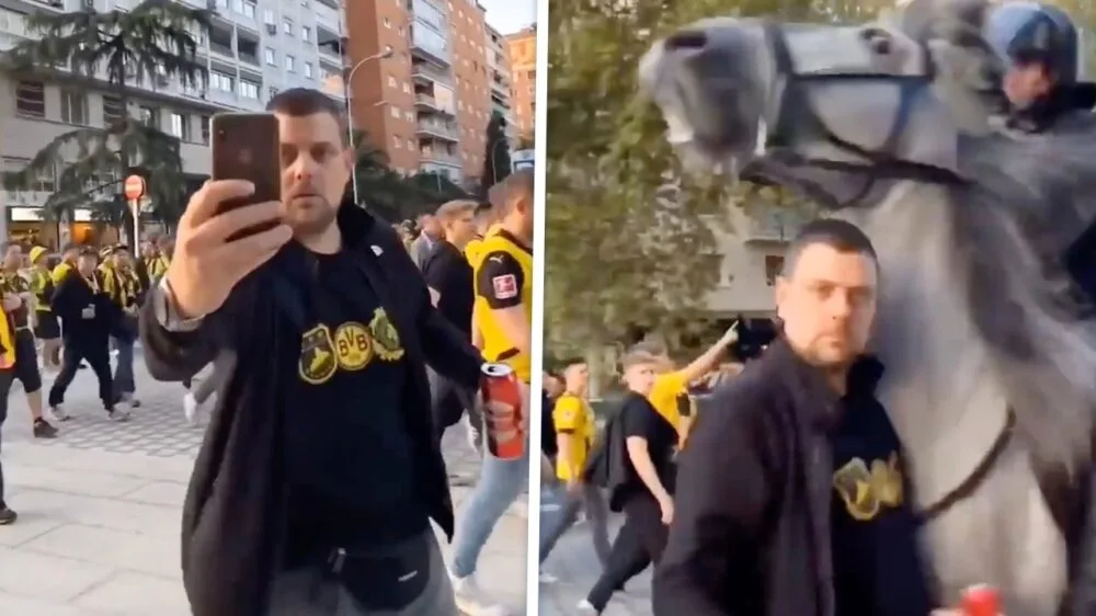 Un fan de football ennuyeux du Borussia Dortmund est corrigé par la police à cheval