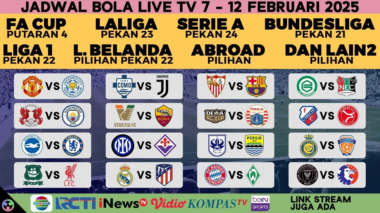 Tonight Soccer Hande en direct TV 2025 – FA Cup, Bundesliga RCTI, Laliga, League 1 Bri, Serie A Italia