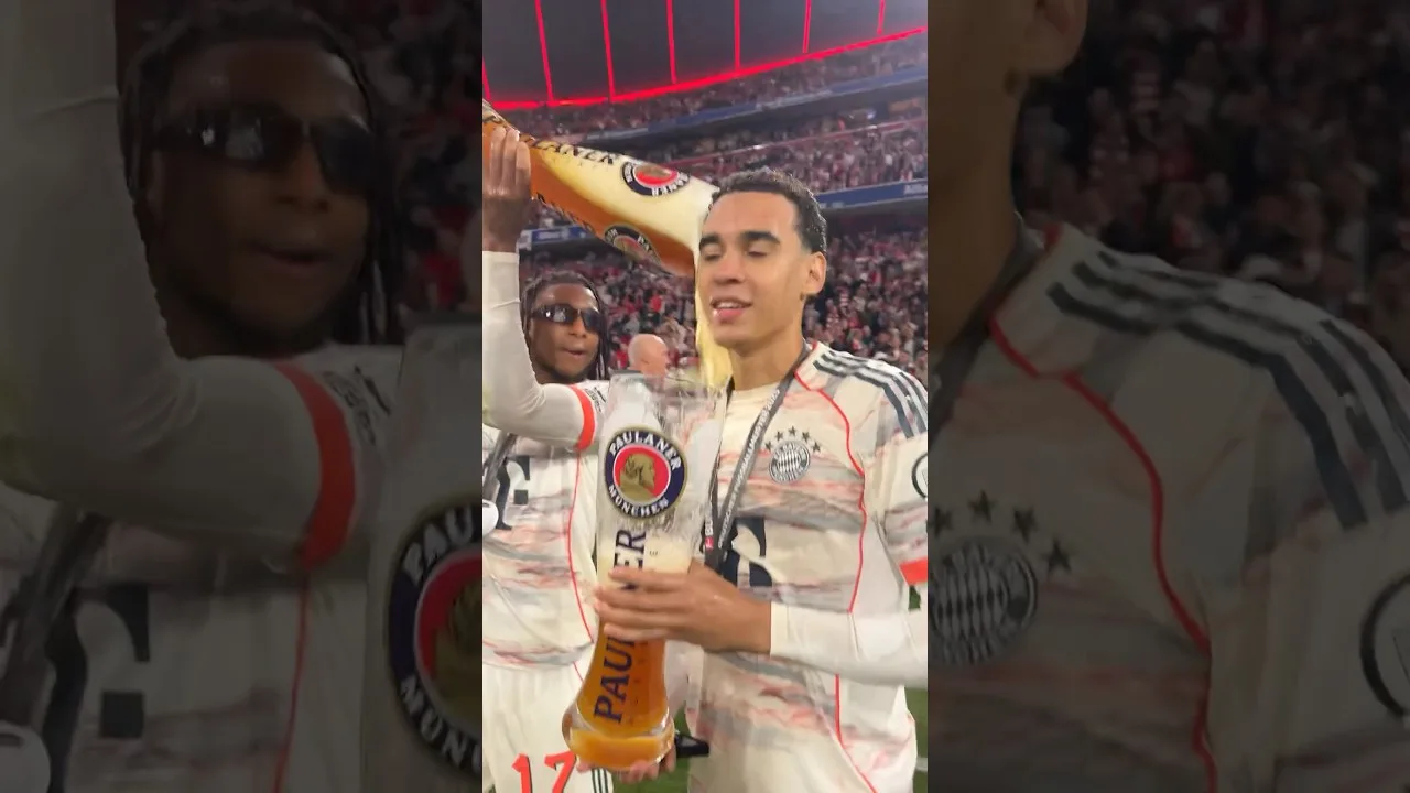 Michael Olise giving beer shower to Jamal Musiala! – Bayern celebrates the Bundesliga title!