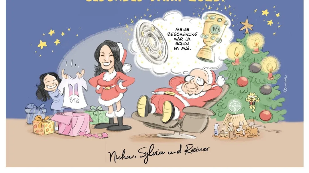 Bayer Leverkusen : Le Père Noël Reiner Calmund salue avec un bol et un trophée | sport