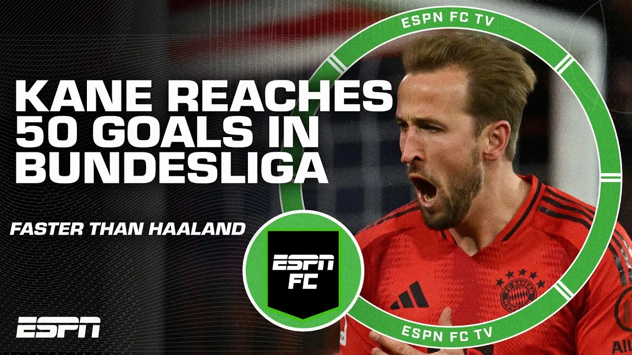 Harry Kane atteint les 50 buts en Bundesliga 7 JEUX PLUS RAPIDES qu’Erling Haaland 👀 ESPN FC réagit