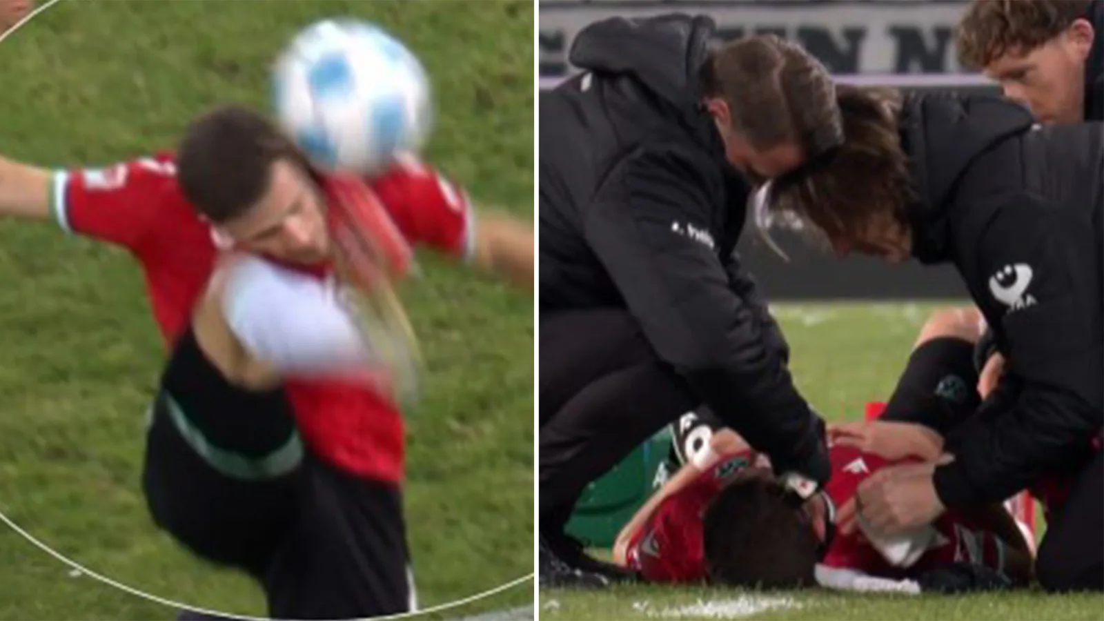 Bundesliga 2 étoiles à gauche recouverte de sang et a besoin de points de suture après s’être genoue au visage et s’effondrer au sol